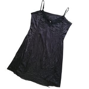 Vintage Black Slip Dress Short Lace Trim Rosette Womens XL* Romantic Witchy